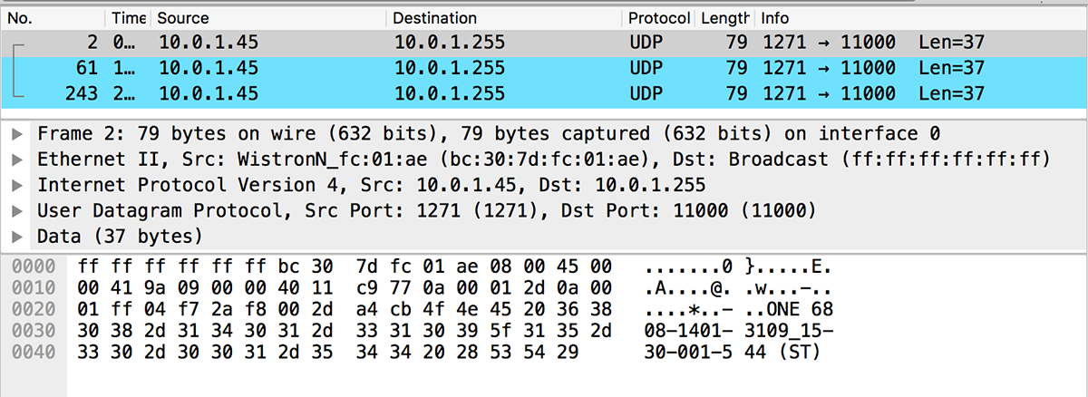 Wireshark netwerk sniffer. Toon alle verkeer van en naar IP 10.0.1.43